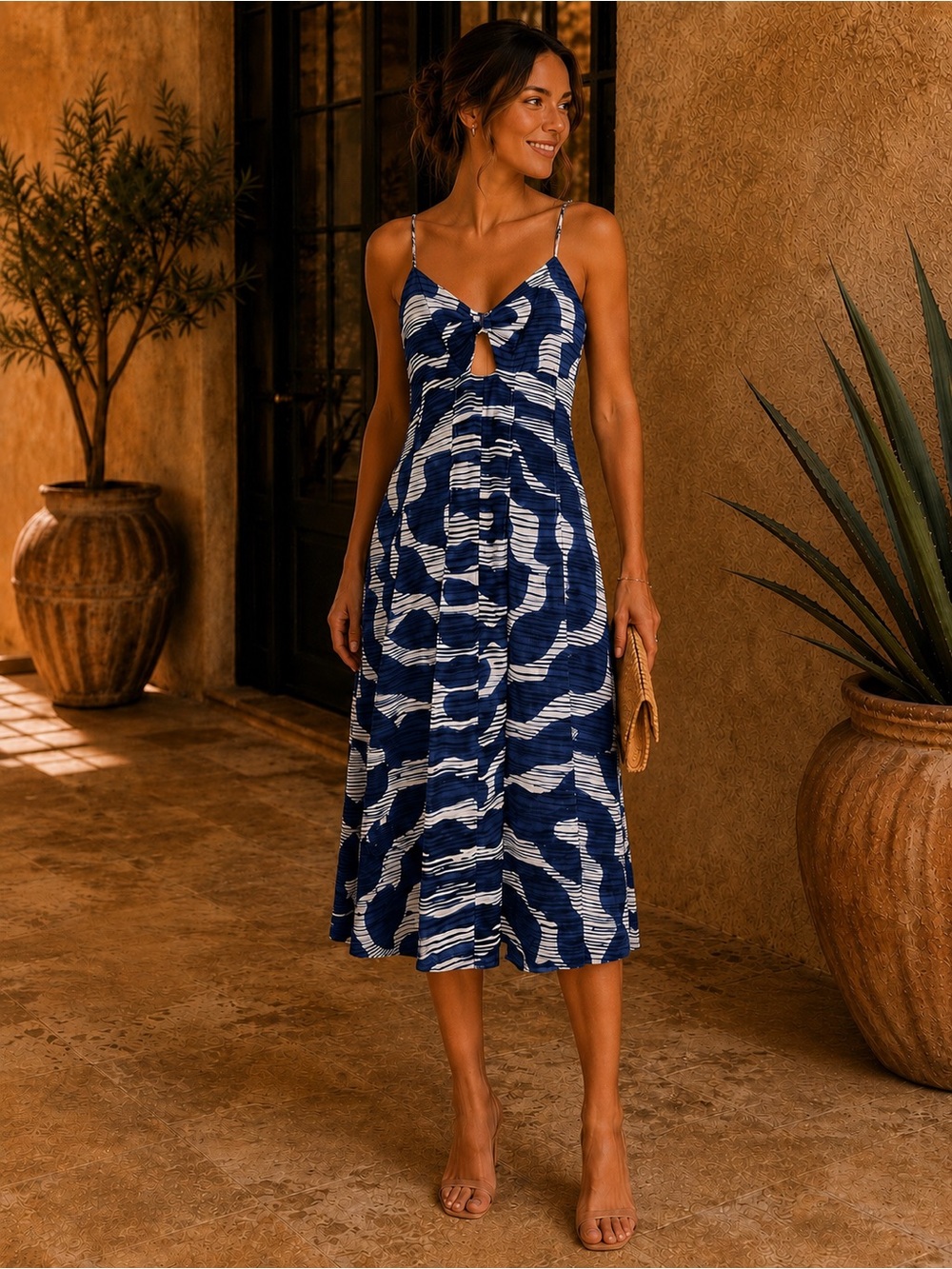 Banana Republic Navy & White Tie-Front Midi Dress